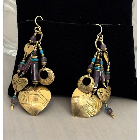 TABRA Gold Filled Heart/Amethyst/Turquoise Drop/Dangle EARRINGS Artisan Signed - Picture 1 of 6